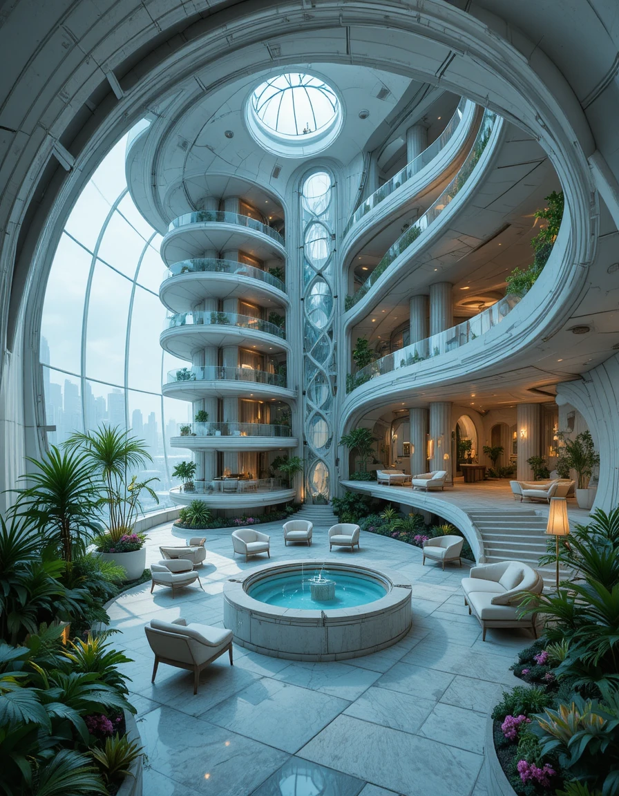 Futuristic luxury penthouse interior with spiral shell design