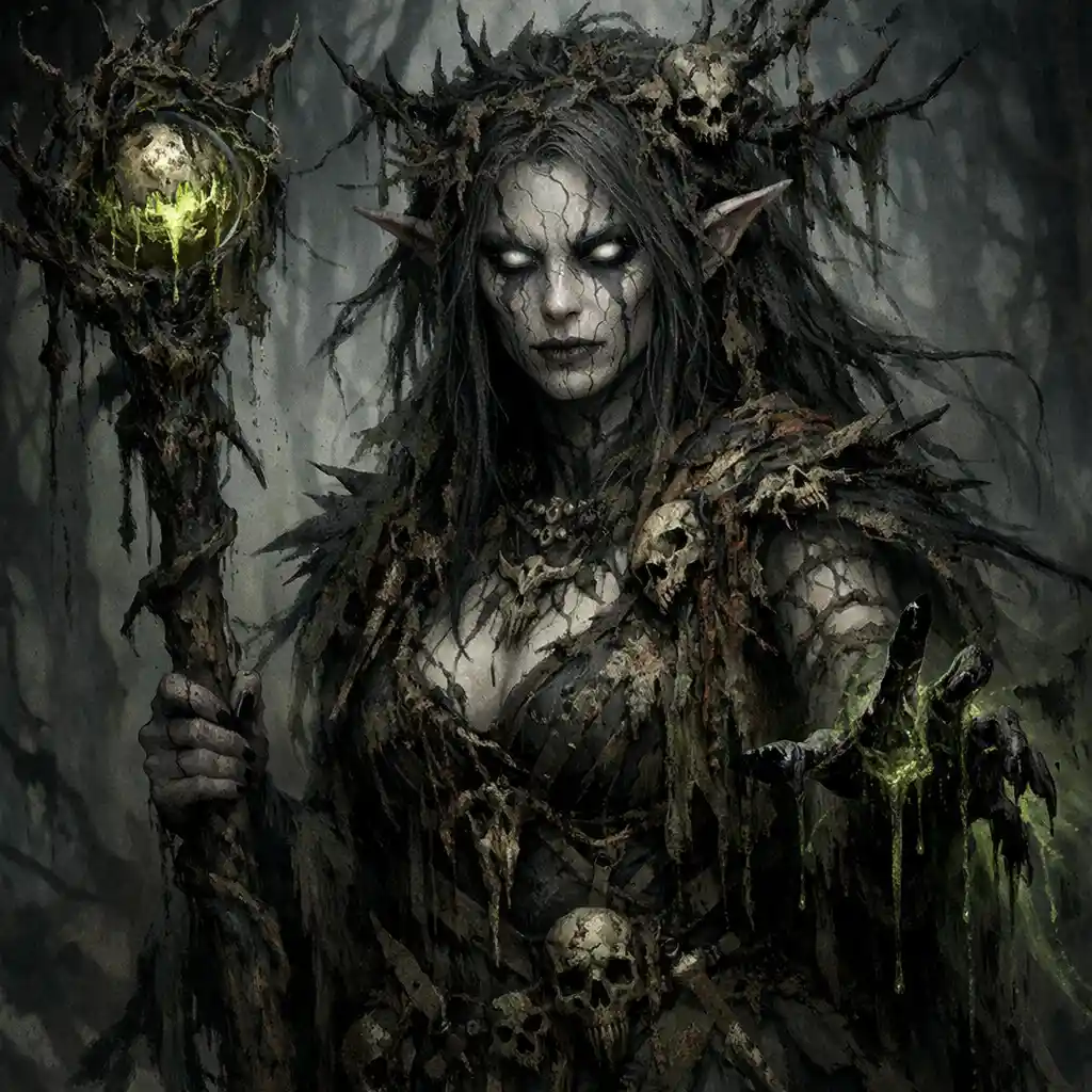 Corrupted elf druid with ashen skin and pale glowing eyes