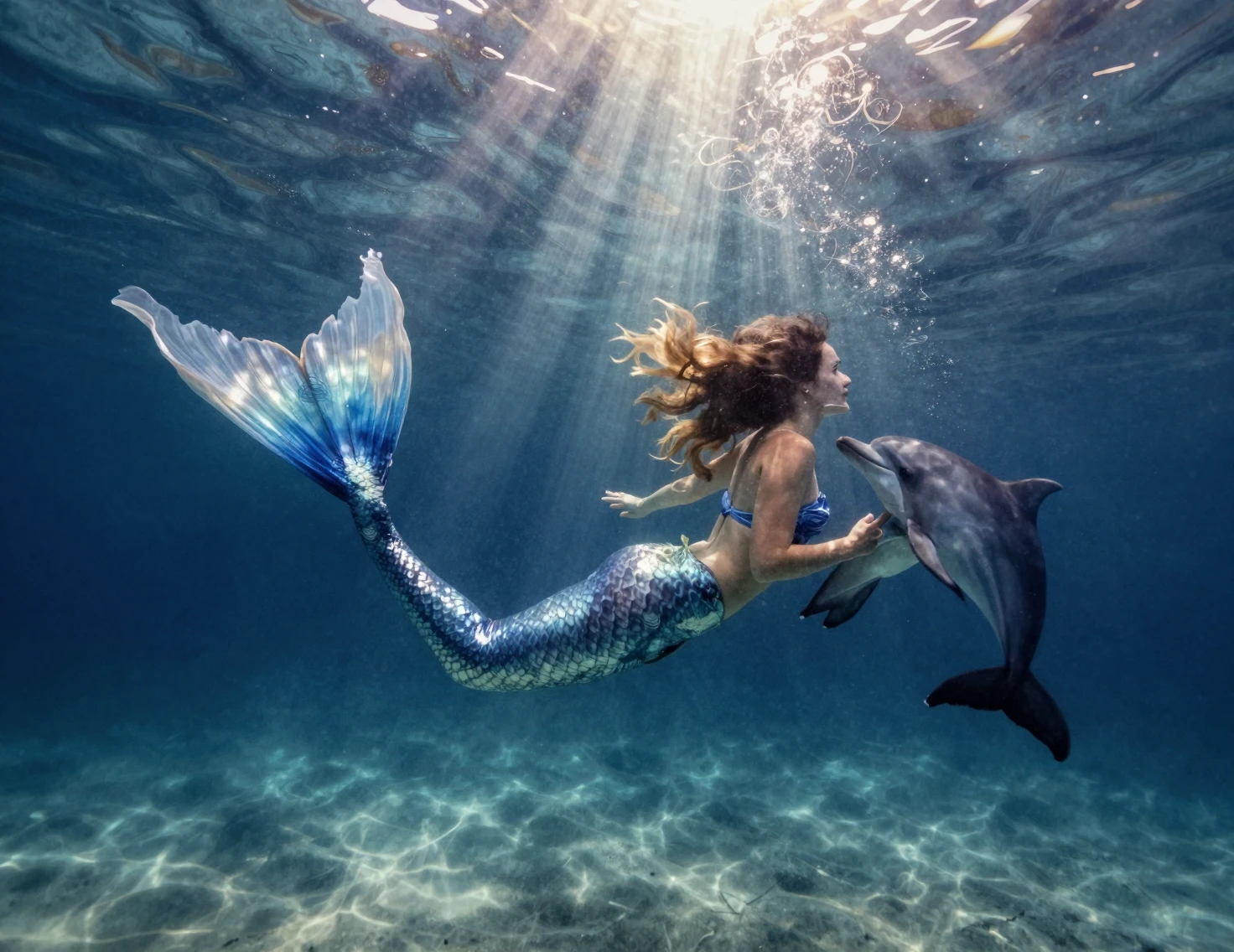 Élégante sirène nageant sous l’eau avec un dauphin enjoué