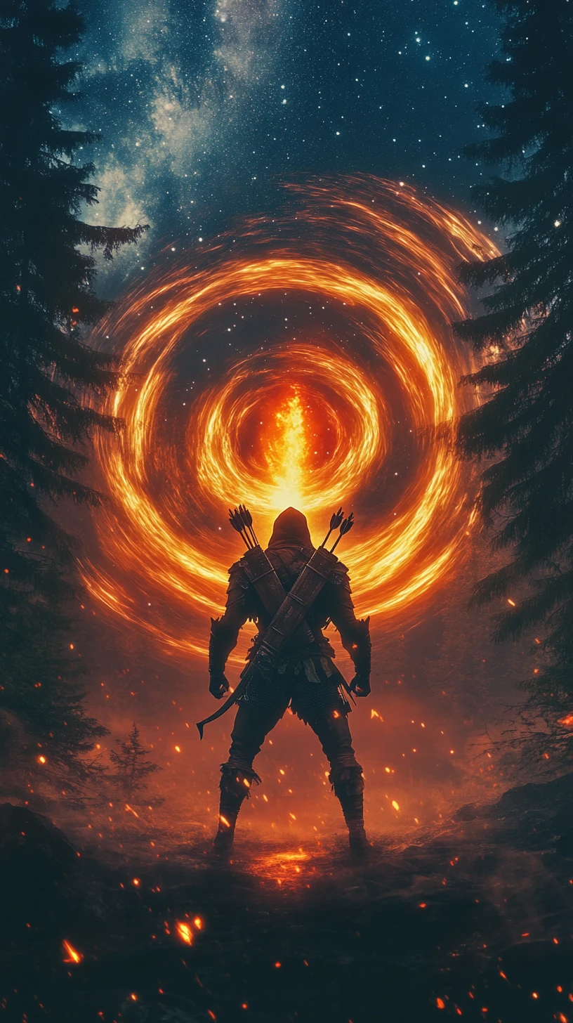 Armored archer facing a blazing portal in the forest