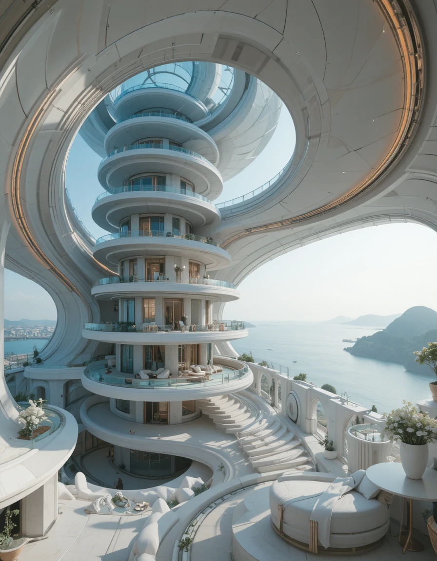 Futuristisches Luxus-Penthouse-Interieur mit spiralförmigen Muschelformen