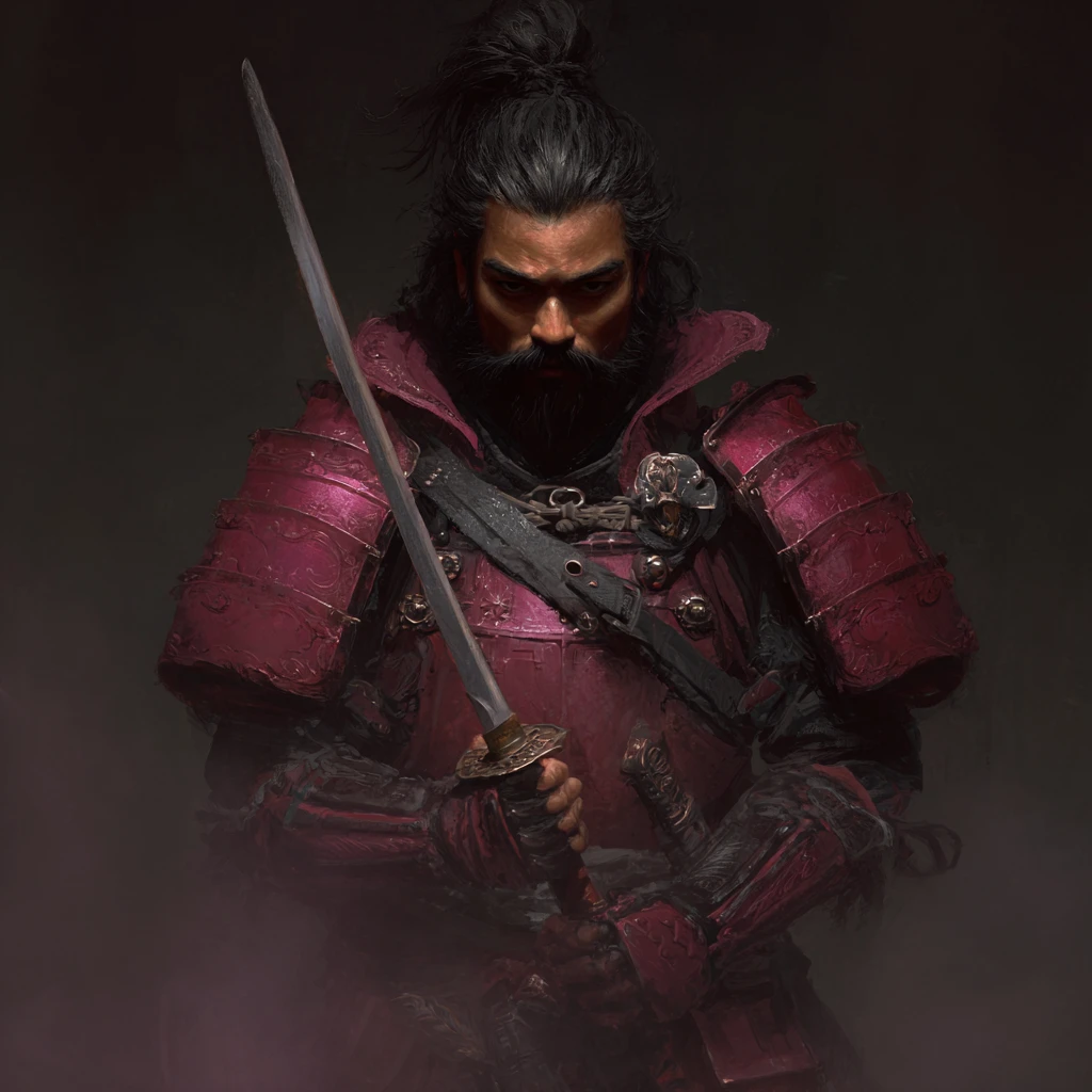 Samurai de fantasia sombria com cabelo preto e katana mística