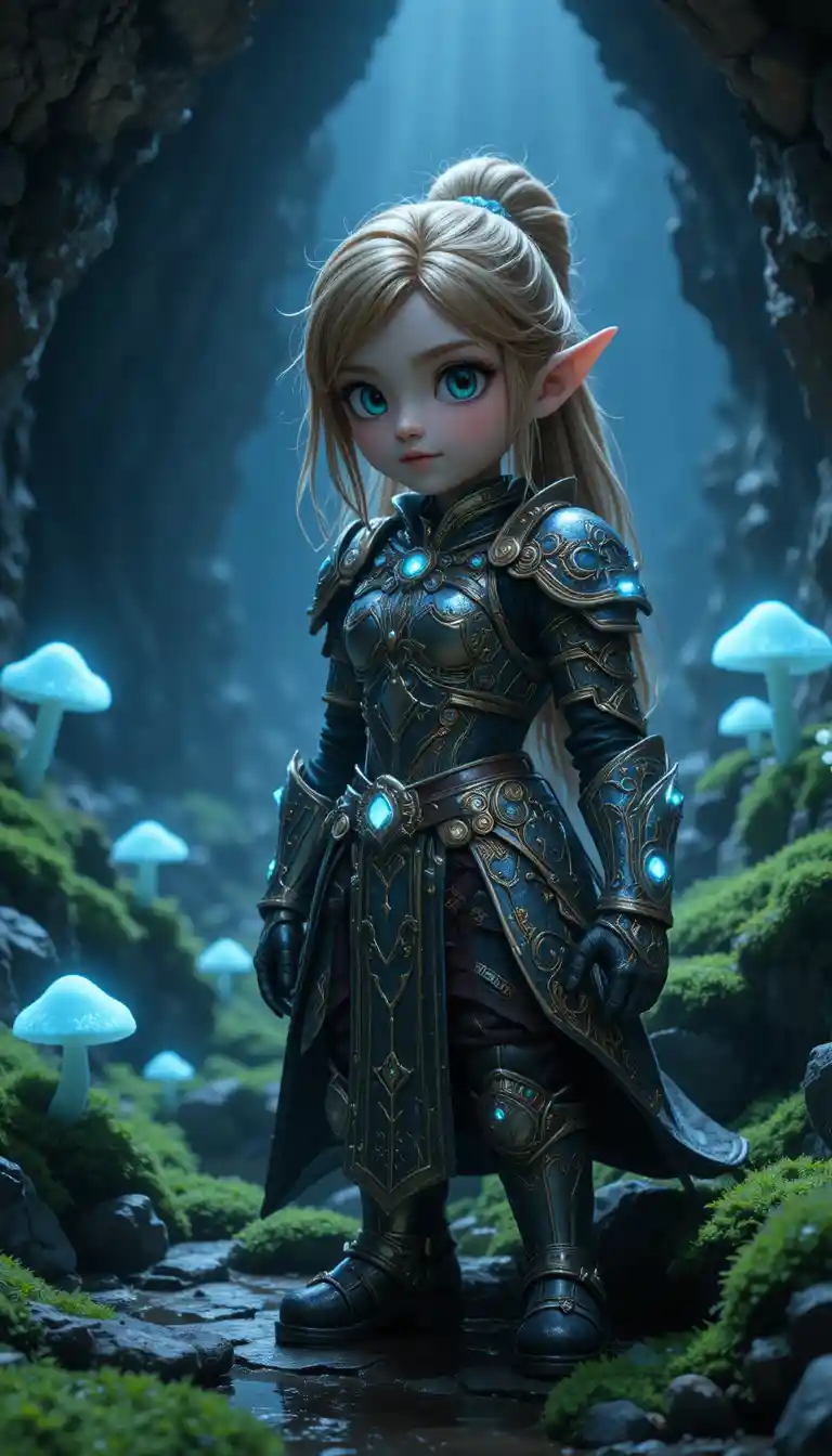 Armored dwarf girl in a glowing fantasy cave scene