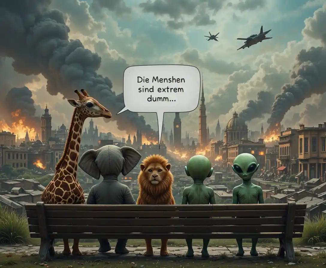 Savanna animals and aliens watch a burning war torn city