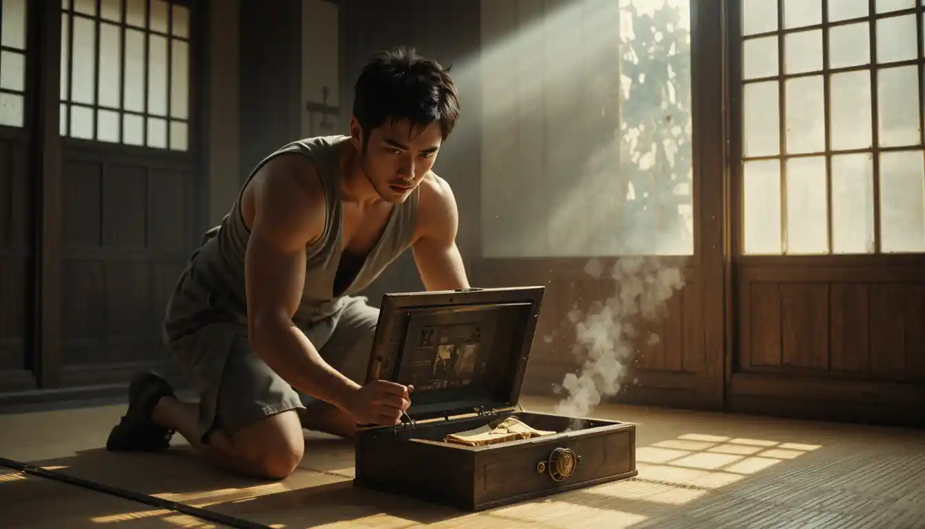 Man discovering hidden safe in warm lit tatami room