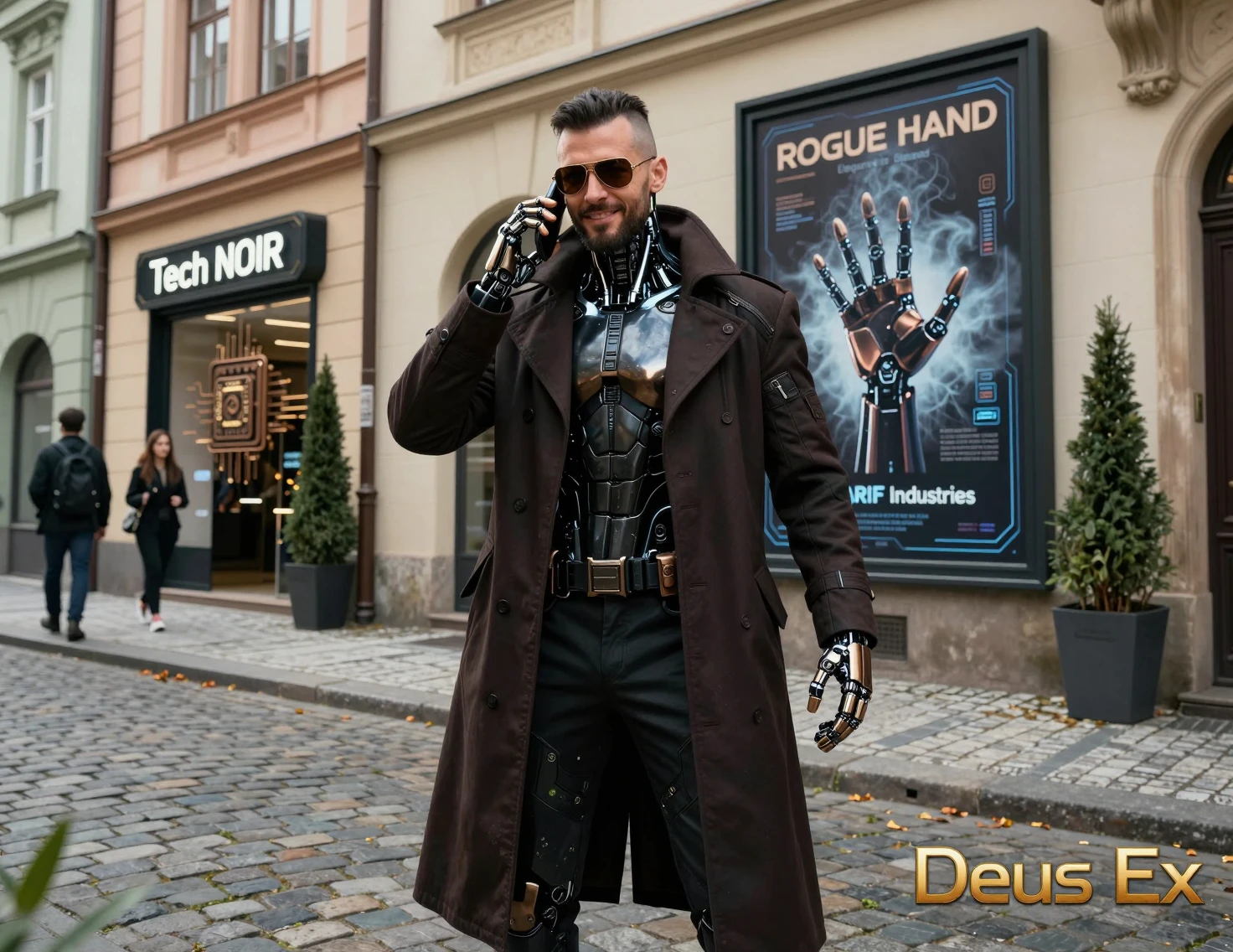 Detective aumentato in piedi in una strada futuristica di Praga