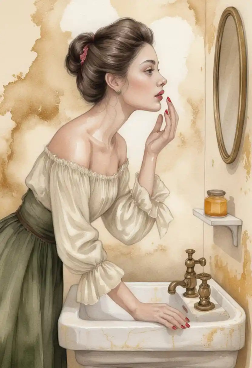 Romantic Woman At Vintage Bathroom Sink In Profile