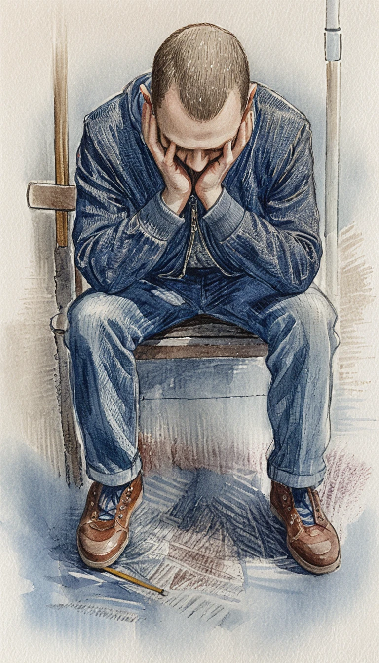 Homme désespéré assis sur un banc de métro – dessin