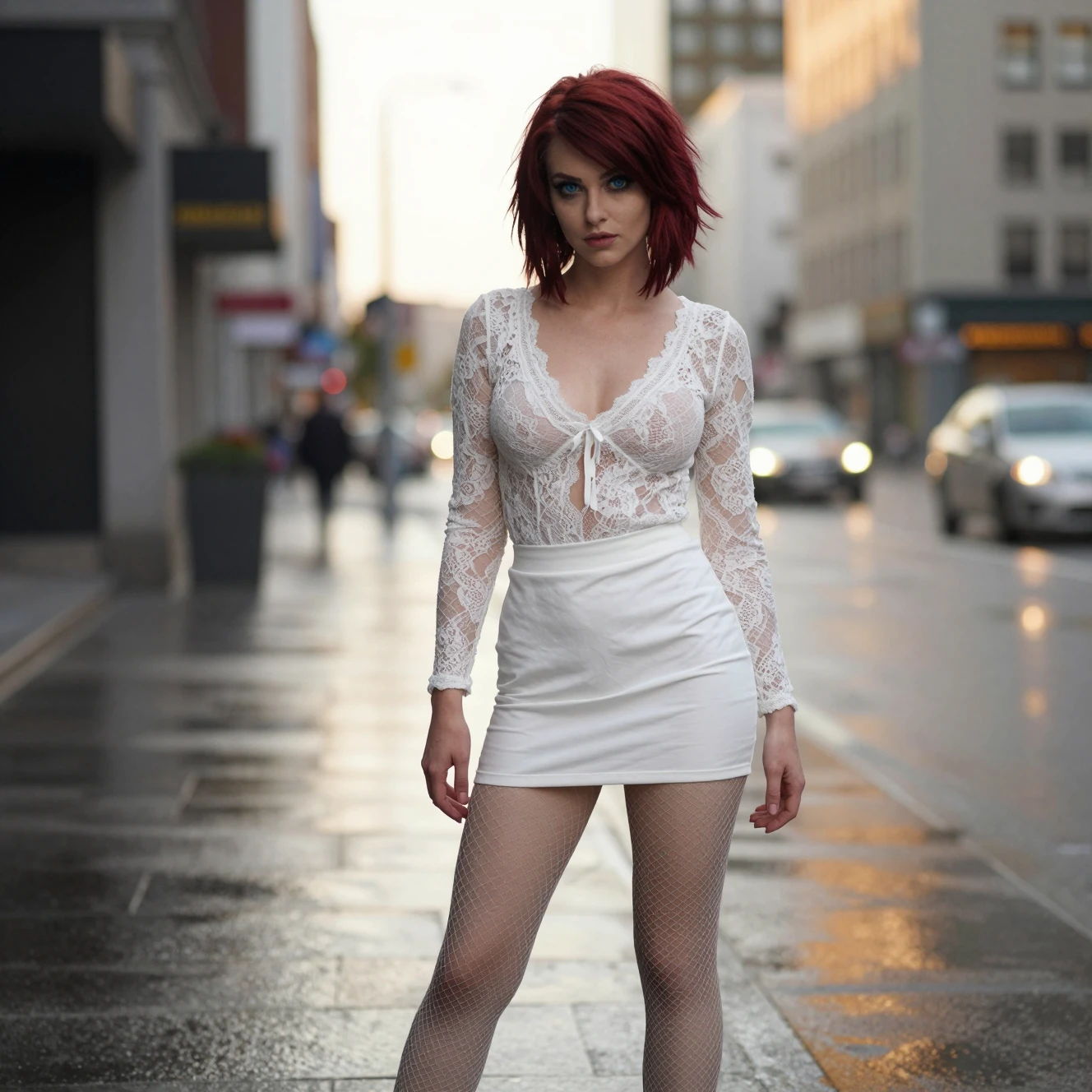 Mulher urbana de minissaia branca na golden hour