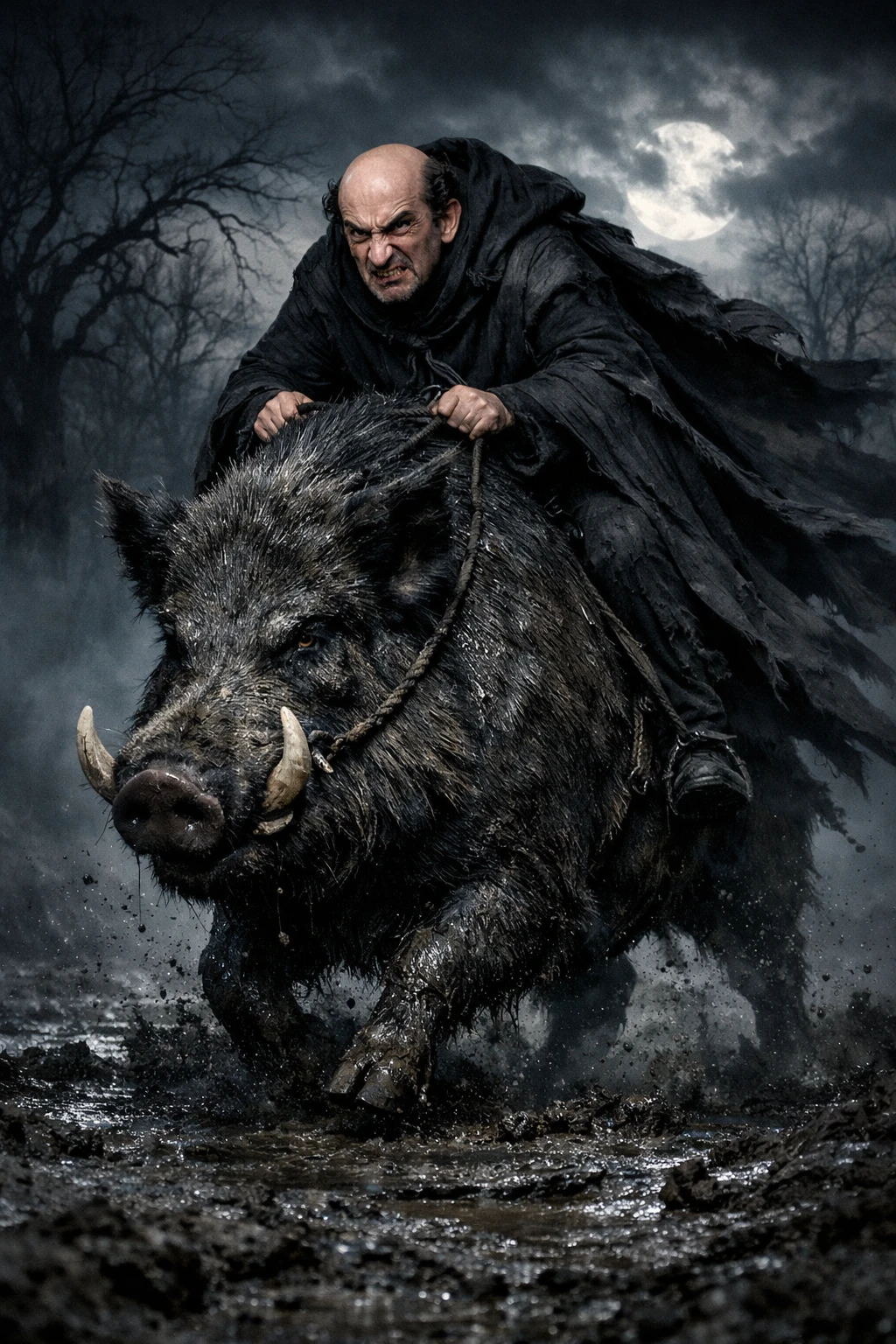 Dark wizard riding a giant boar through a haunted wasteland