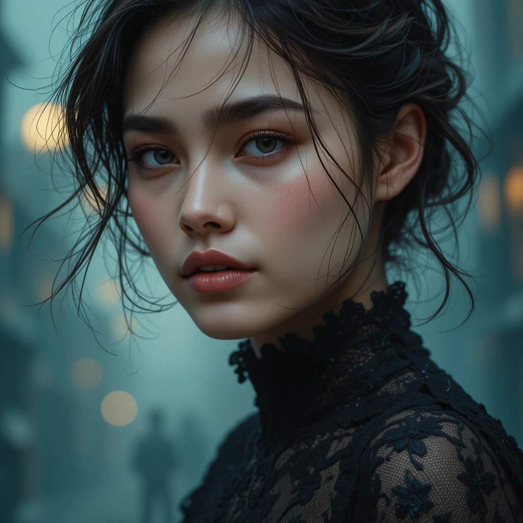 Contemplative woman in black lace against hazy urban lights