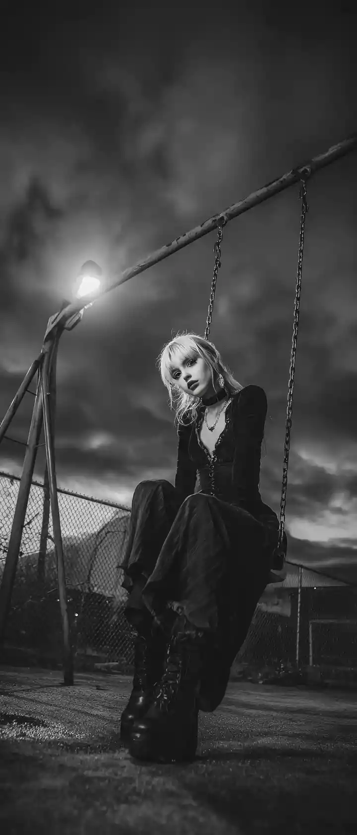 Gothic girl on a swing in a desolate urban playground