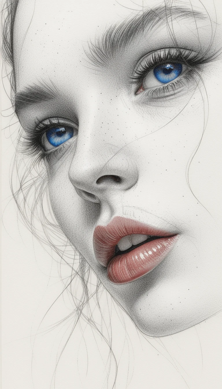 Selective color pencil portrait of a woman’s tilted face