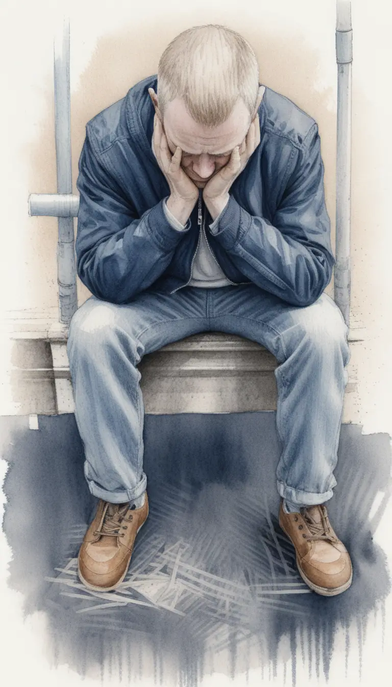 Colored pencil portrait of a man in despair on subway bench