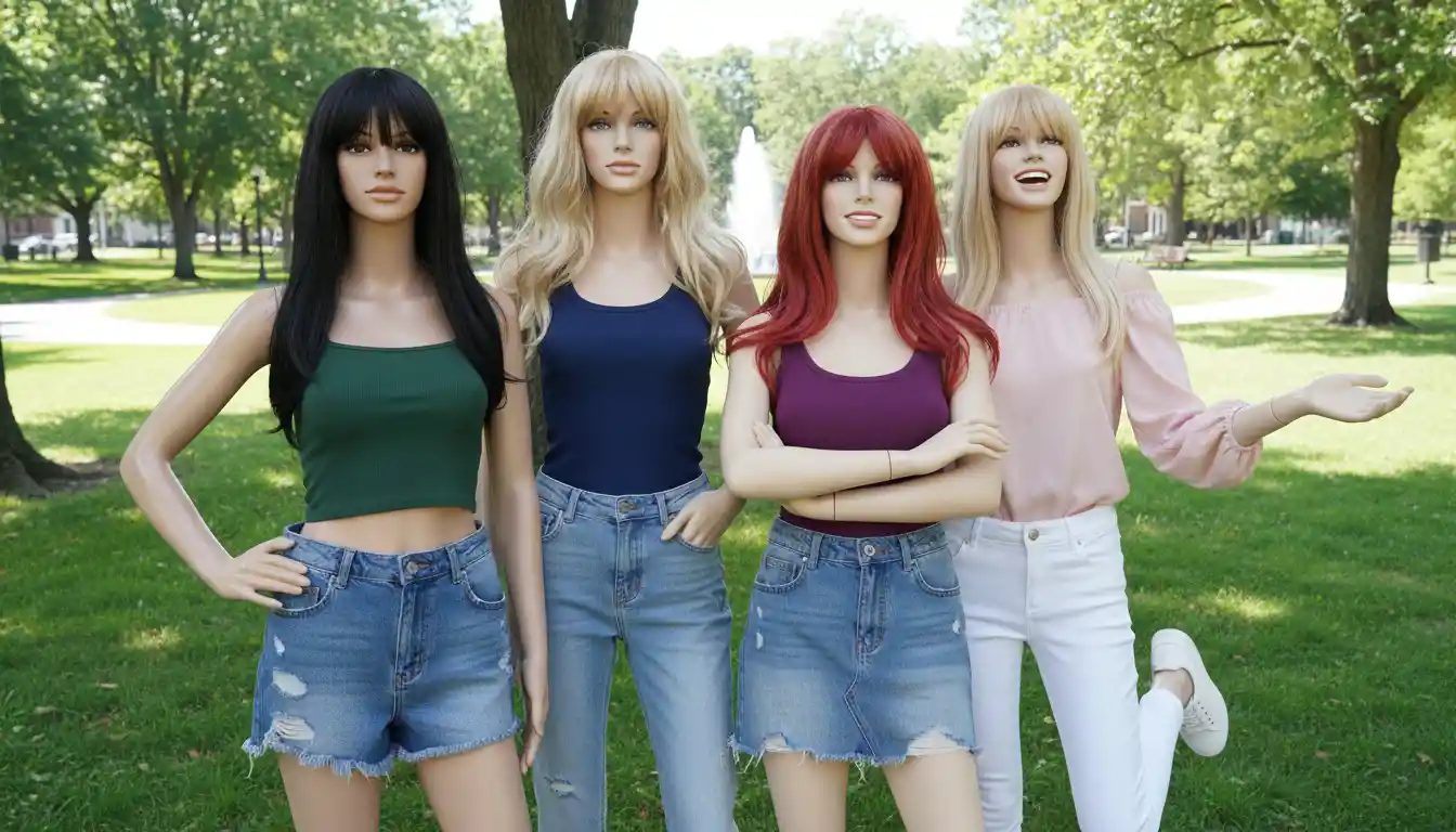 Four stylish female mannequins posing together in a park