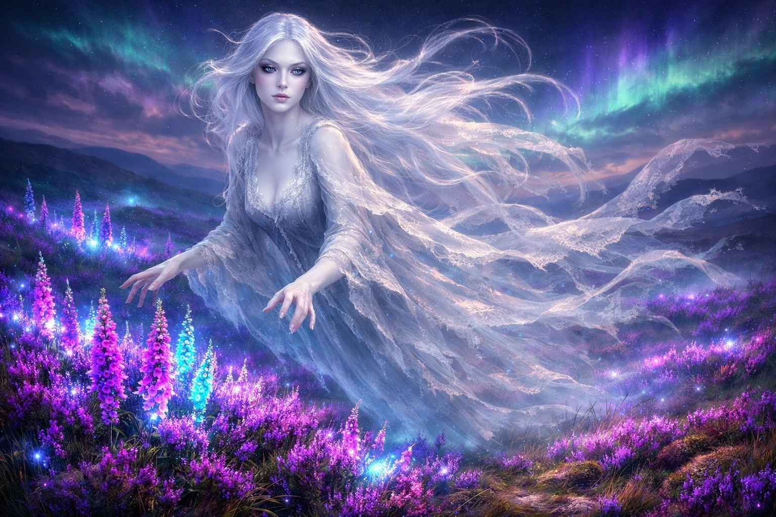 Ethereal banshee above glowing Irish moor at twilight