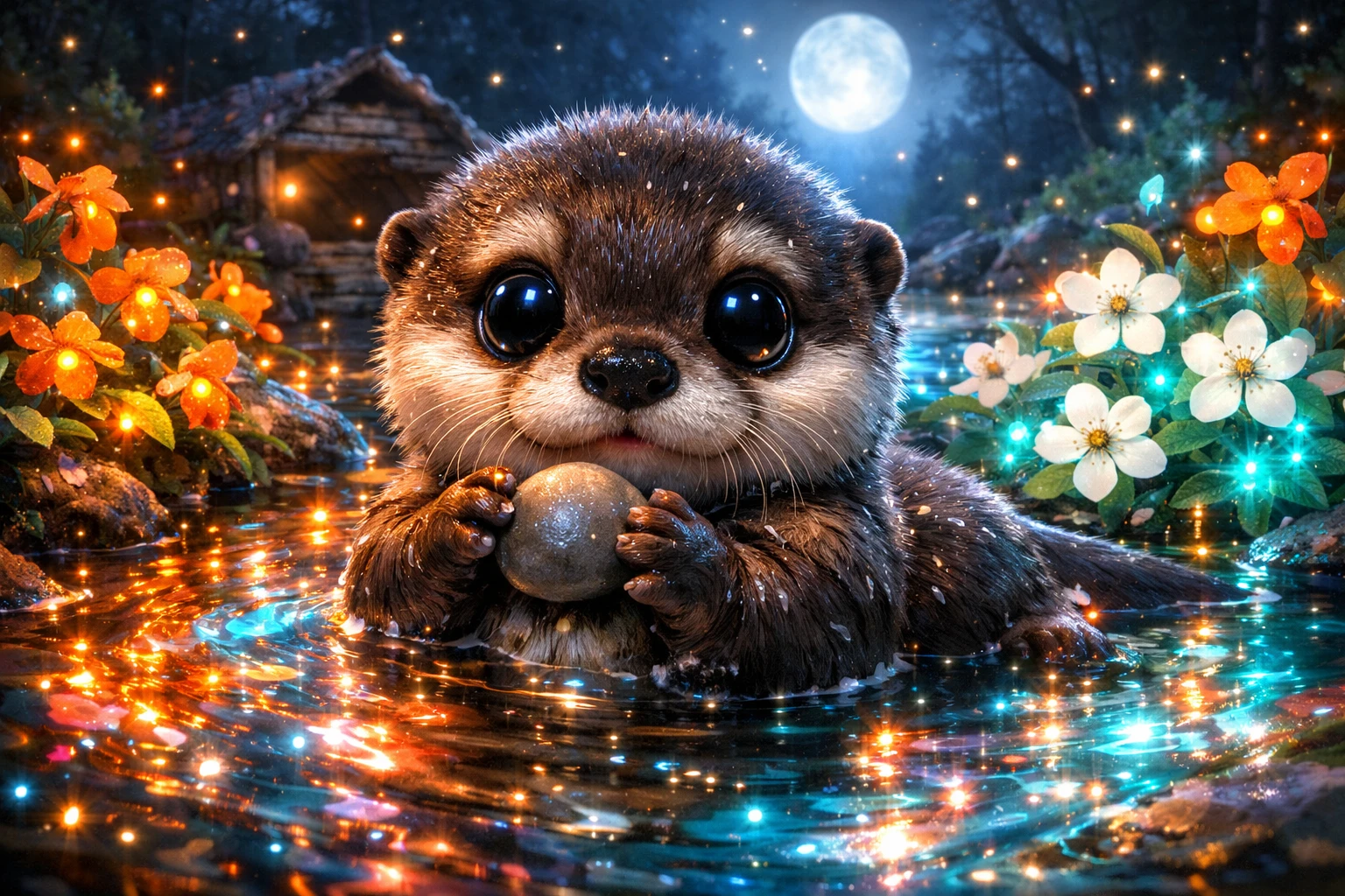 Baby-Flussotter schwimmt in leuchtendem biolumineszenten Bach