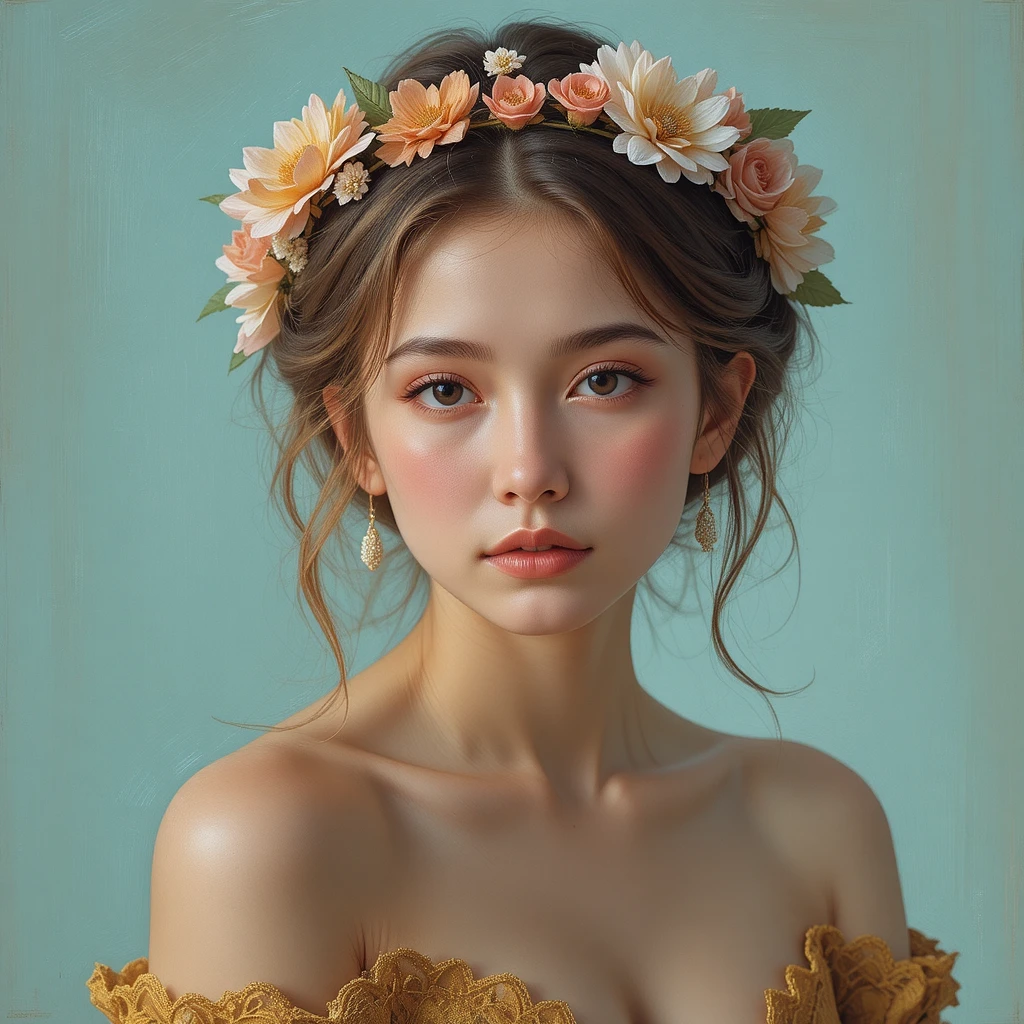 Young woman portrait with floral crown and soft teal background