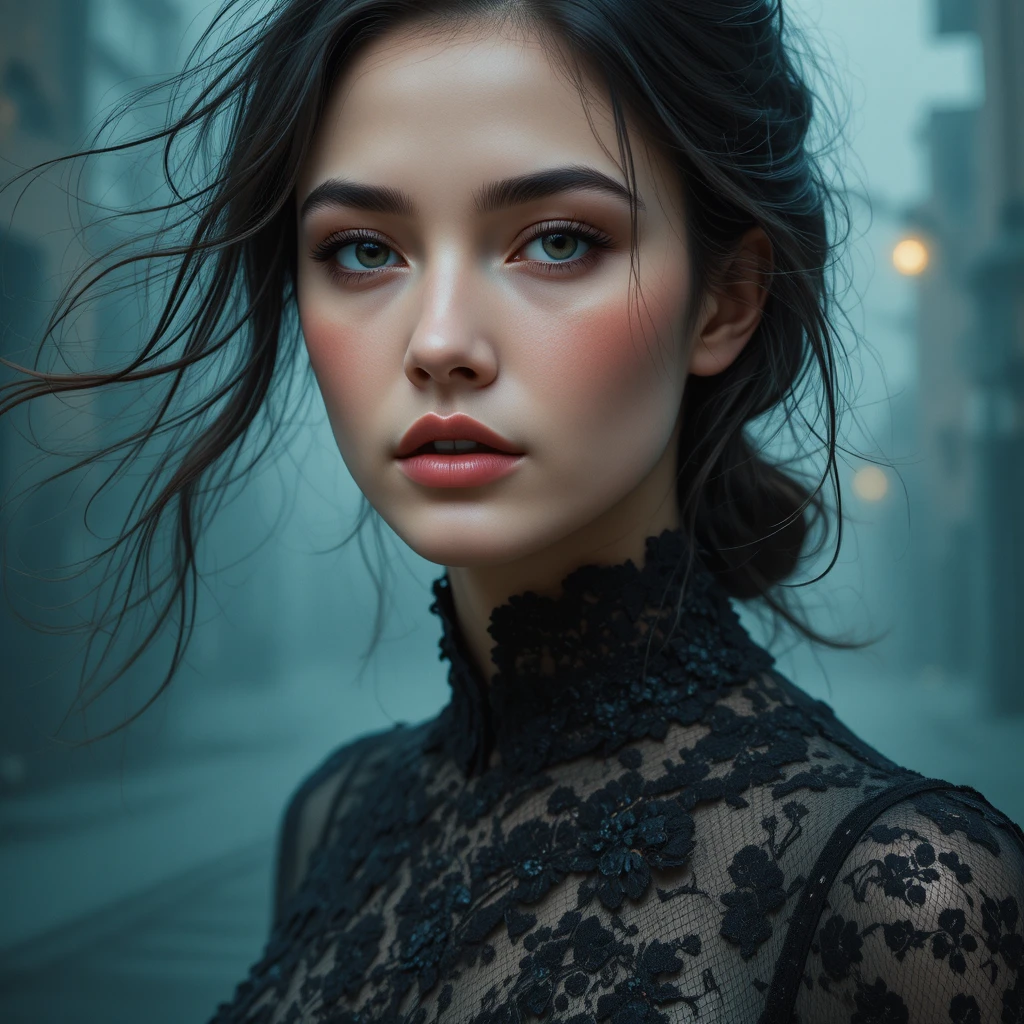 Contemplative woman in black lace against hazy urban backdrop