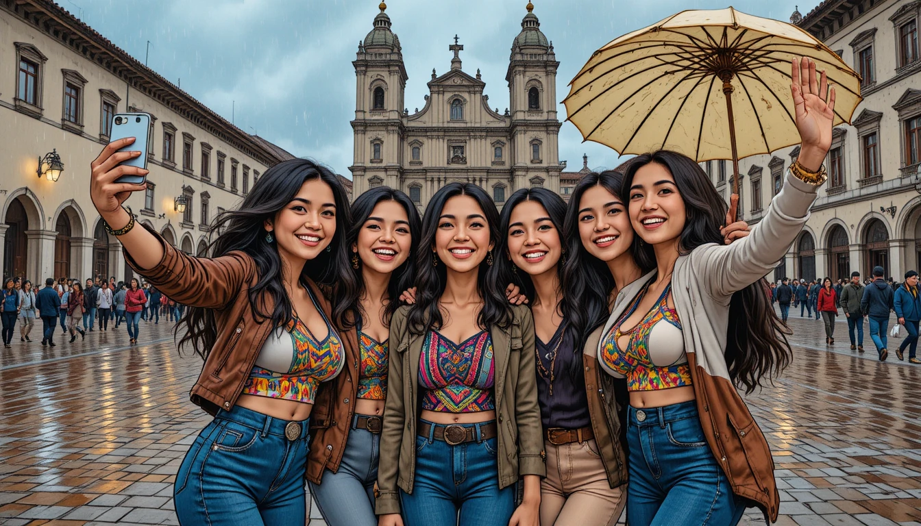 Andenfrauen machen ein Regenwetter-Selfie auf einem Platz in Quito