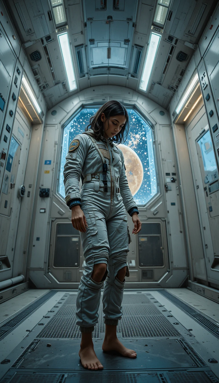 Jovem piloto espacial examinando traje rasgado no vestiário