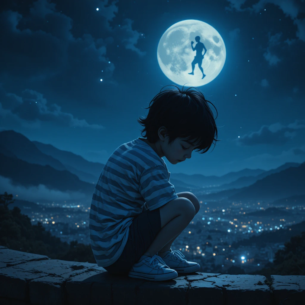 Young boy on a rooftop ledge under the night sky