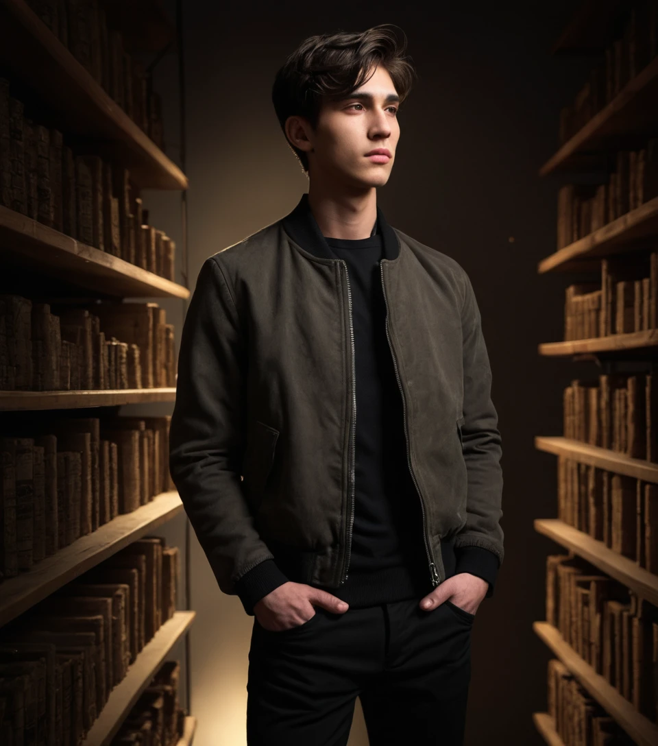 Focused teenage boy leading in an abandoned library