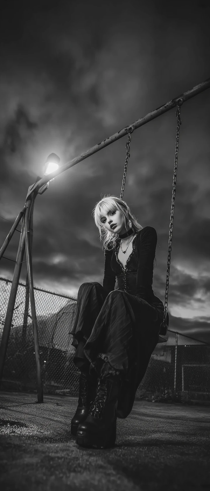 Gothic girl on a swing in a desolate urban playground