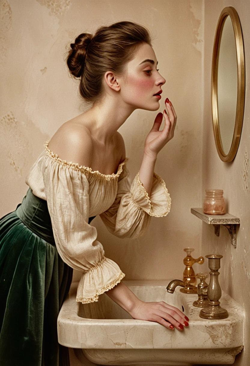 Young woman at vintage bathroom sink in watercolor profile