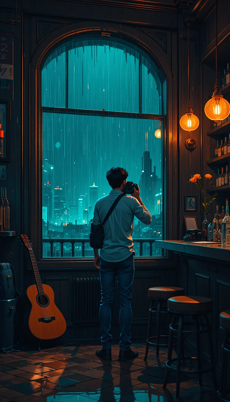 Fotógrafo em estilo anime na janela chuvosa de um bar de jazz sombrio