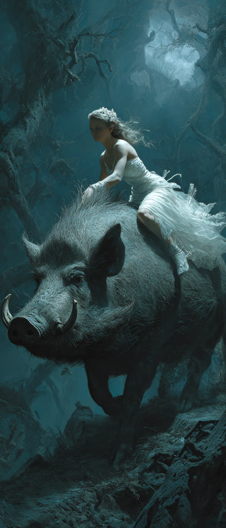 Woman riding a giant boar through a dark wasteland
