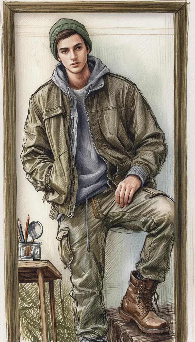 Young man in casual streetwear pencil illustration portrait