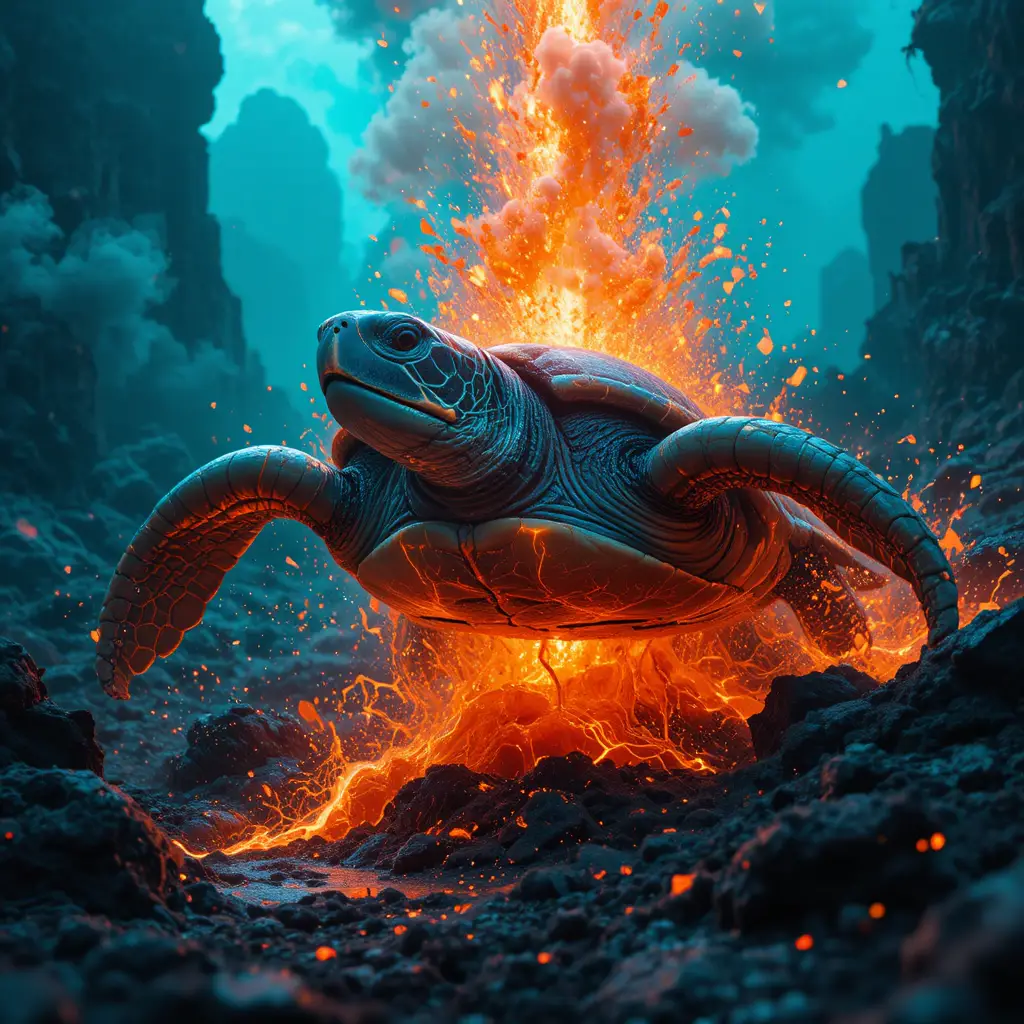 Colossal sea turtle amid erupting lava in fiery motion