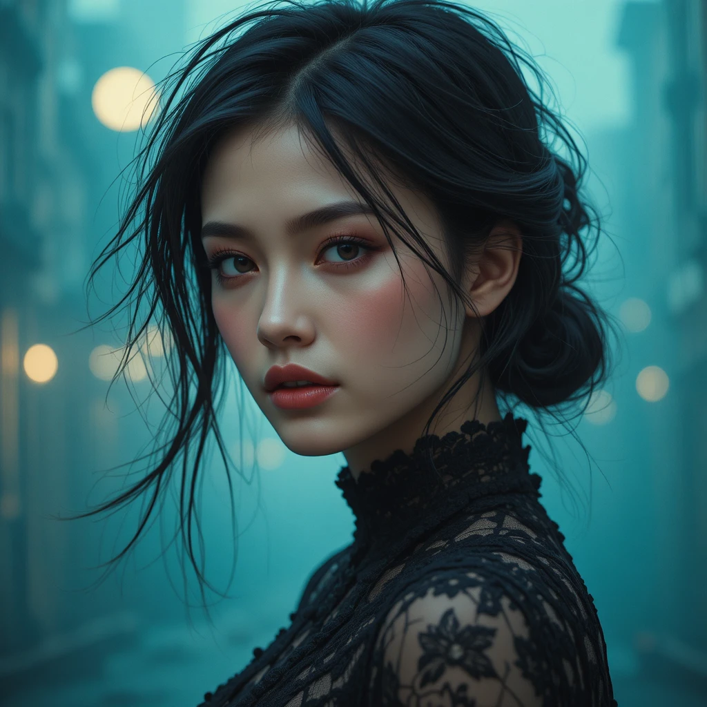 Contemplative woman in black lace against foggy urban lights