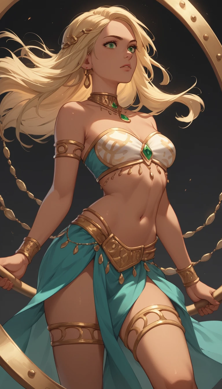 Fierce blonde girl in gold top and belly dancer skirt