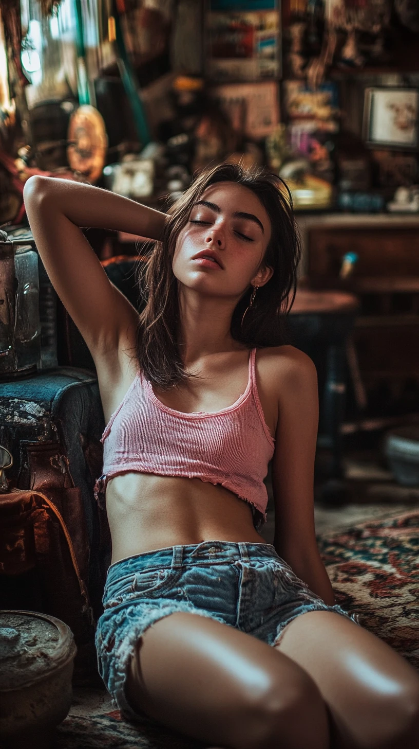 Jovem mulher reclinada em um porão escuro com itens vintage