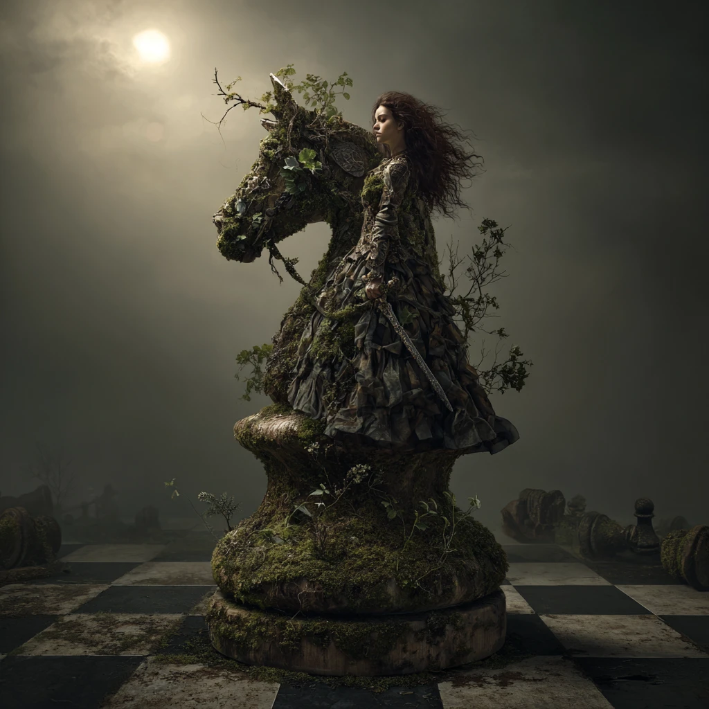 Warrior woman atop mossy stone horse tower chessboard