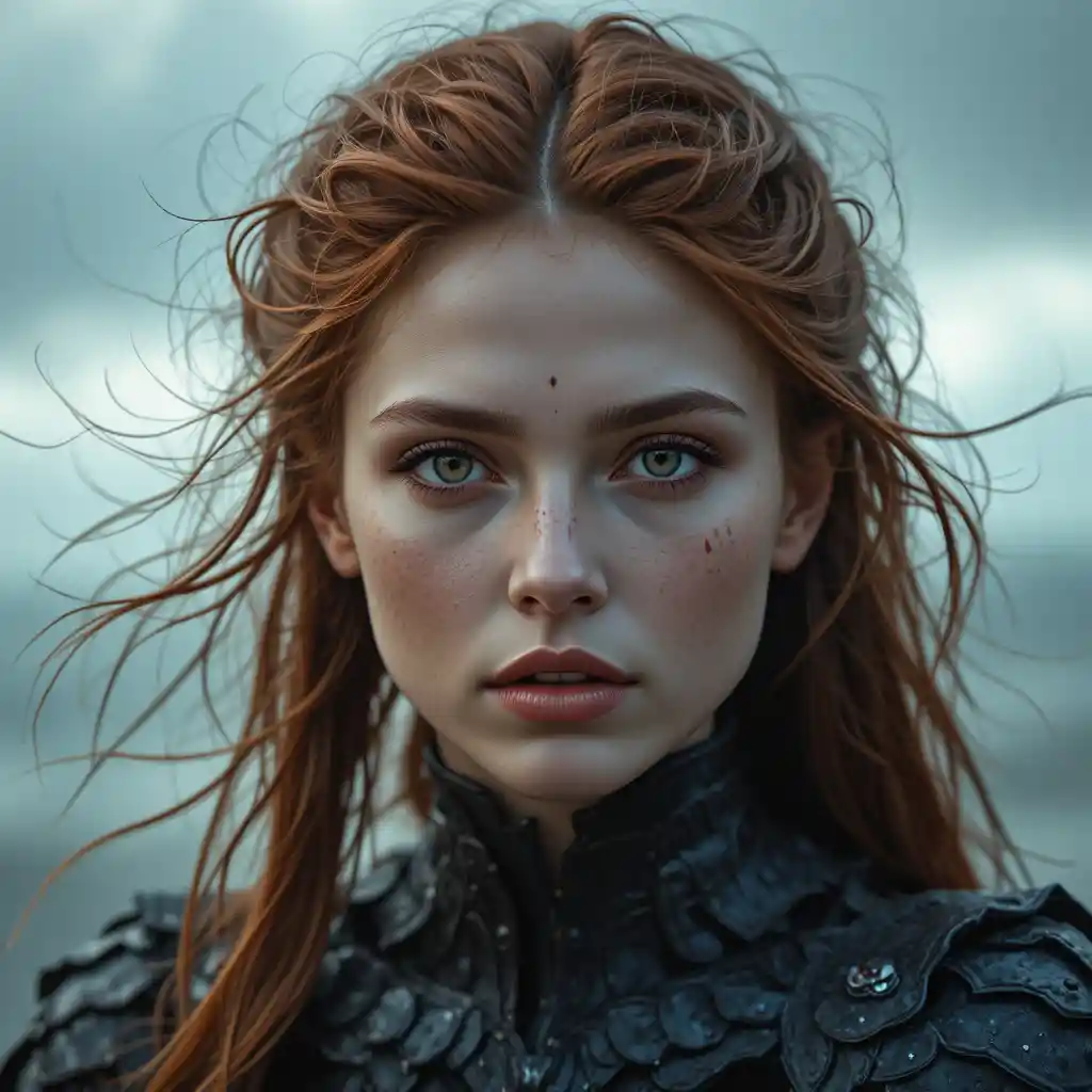Primo piano di una giovane donna dai capelli castano ramato in dark fantasy