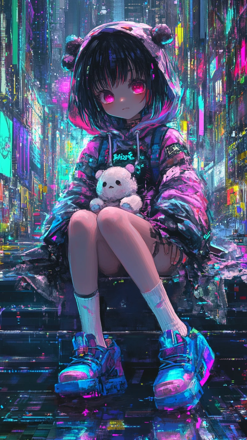 Garota de anime chibi em cidade cyberpunk neon com efeito glitch
