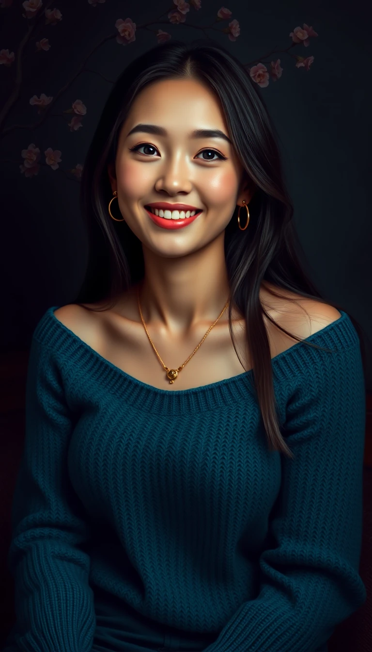 Smiling woman in teal sweater against dark floral background