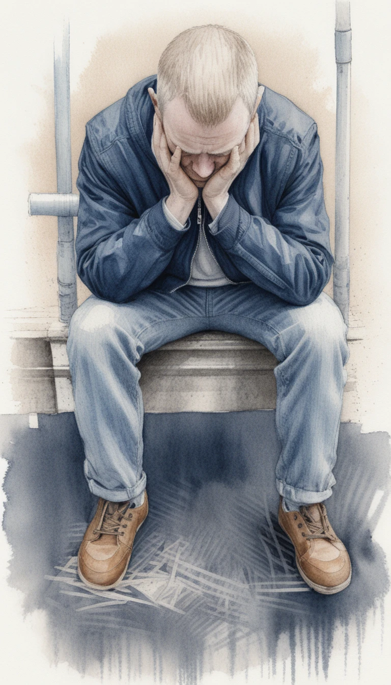 Portrait aux crayons de couleur d’un homme désespéré sur un banc de métro