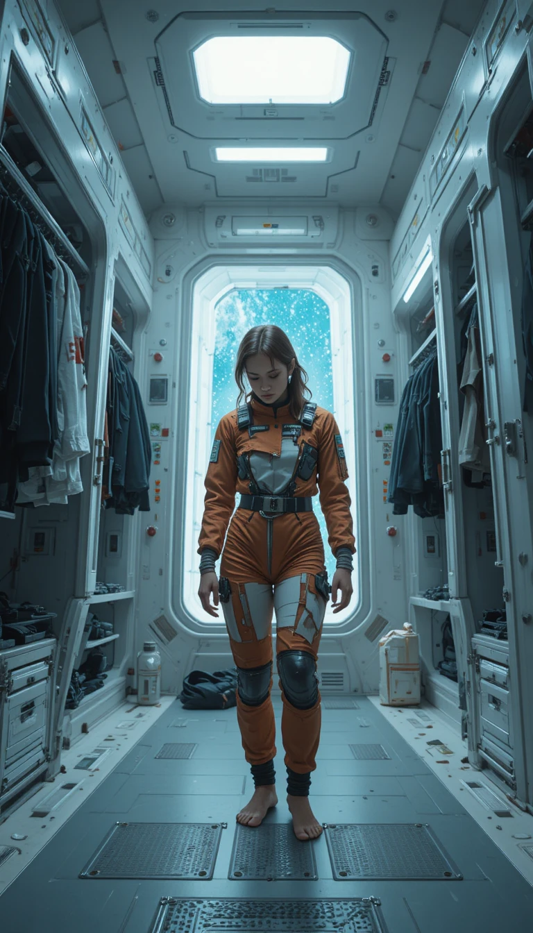Jovem piloto espacial inspecionando traje rasgado no vestiário