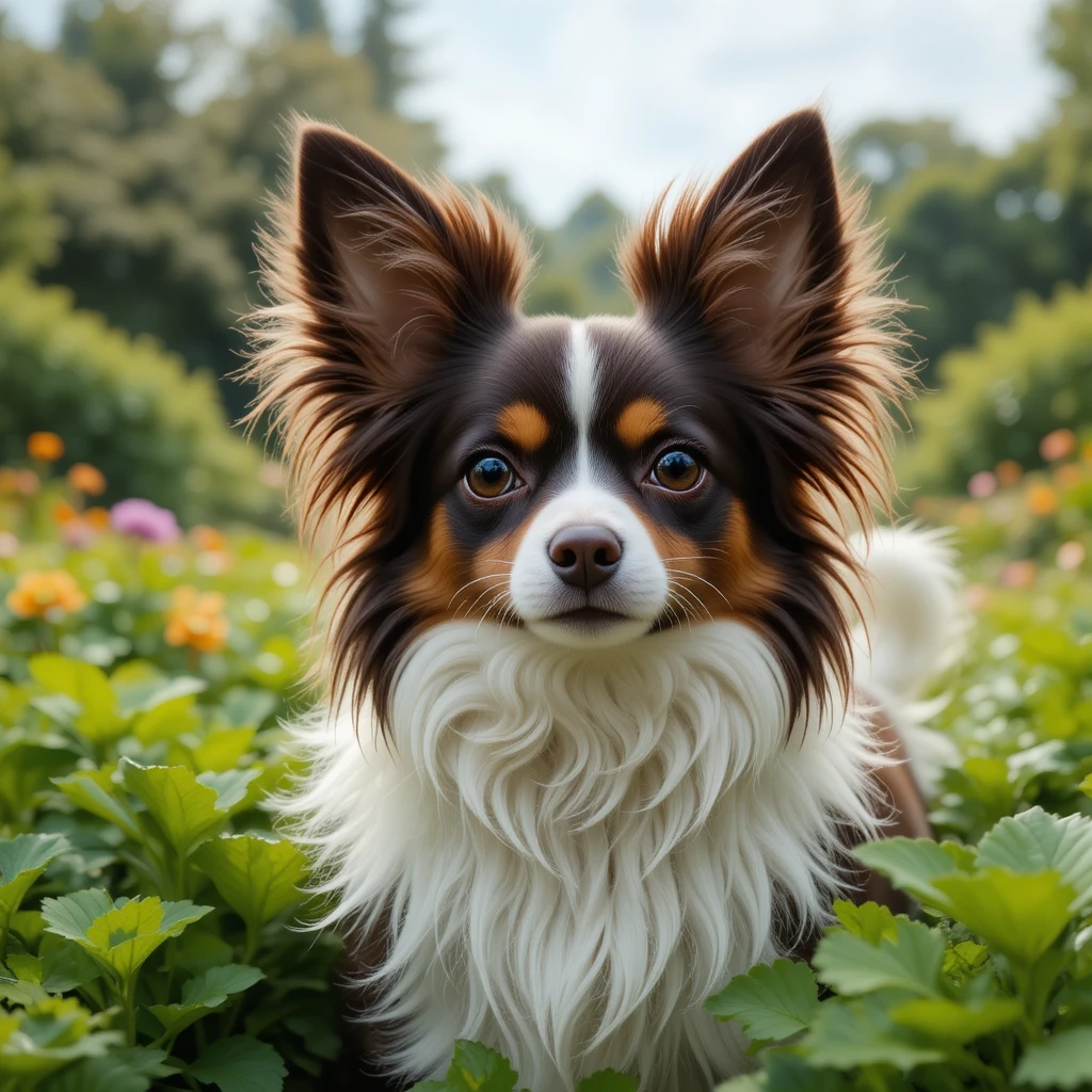 Cão Papillon olhando diretamente em um jardim exuberante