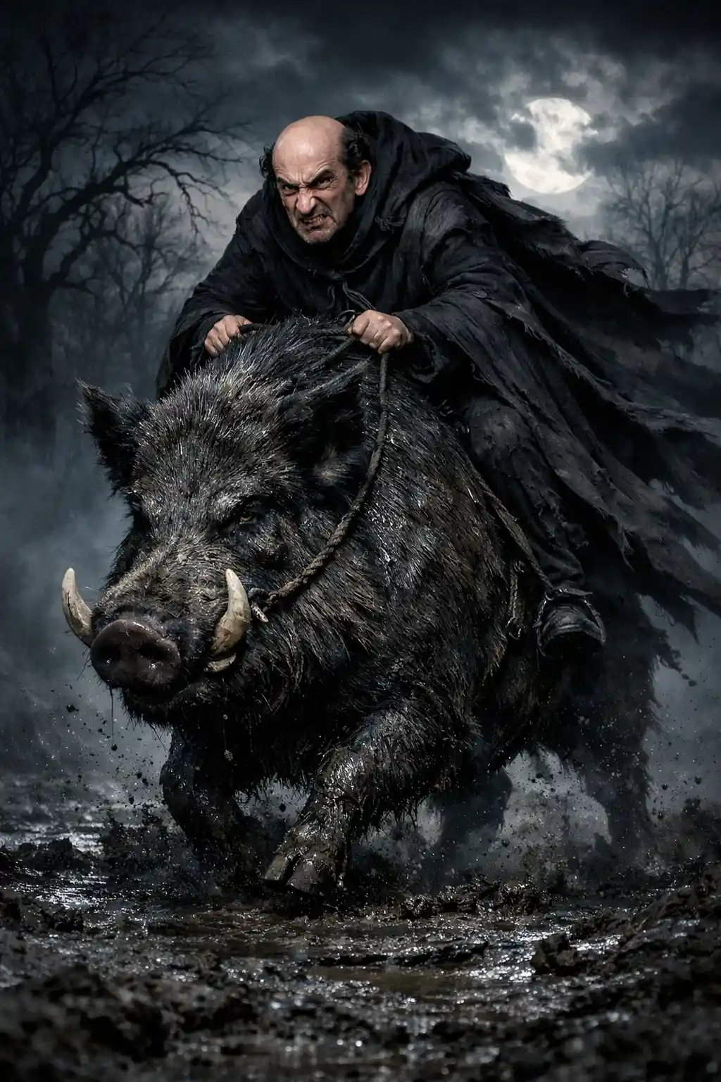 Dark wizard riding a giant boar through a haunted wasteland