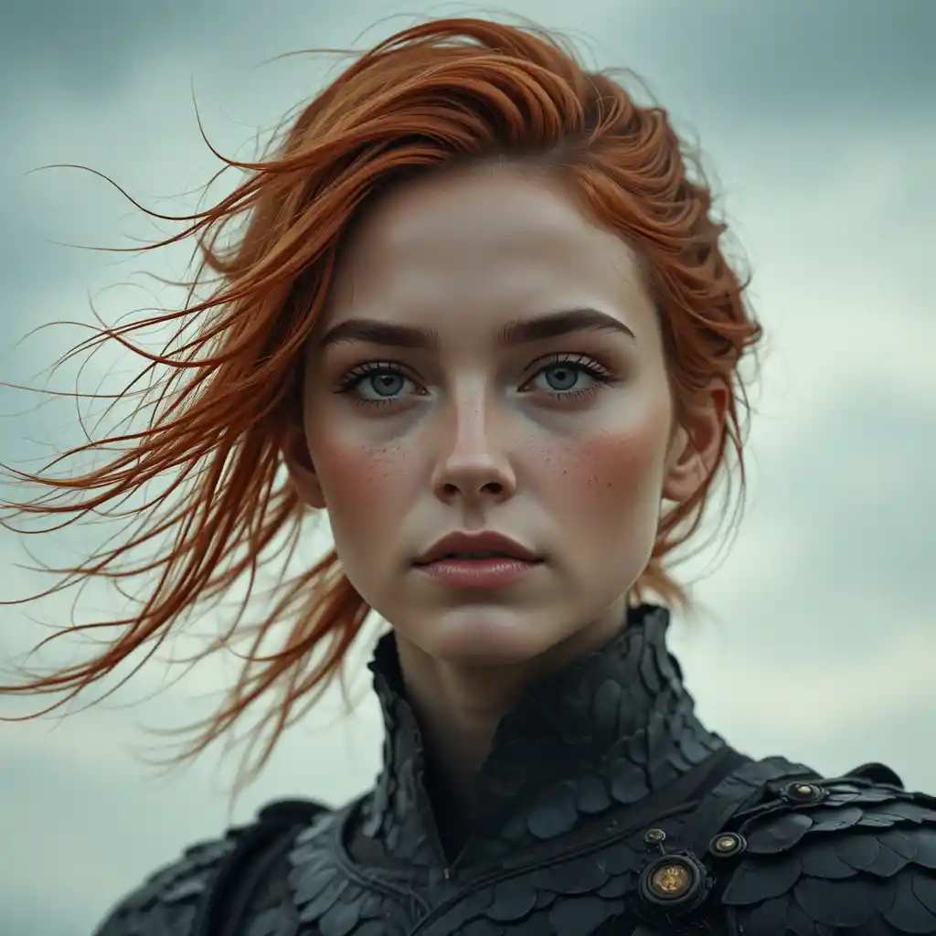 Auburn haired fantasy warrior woman in close up portrait