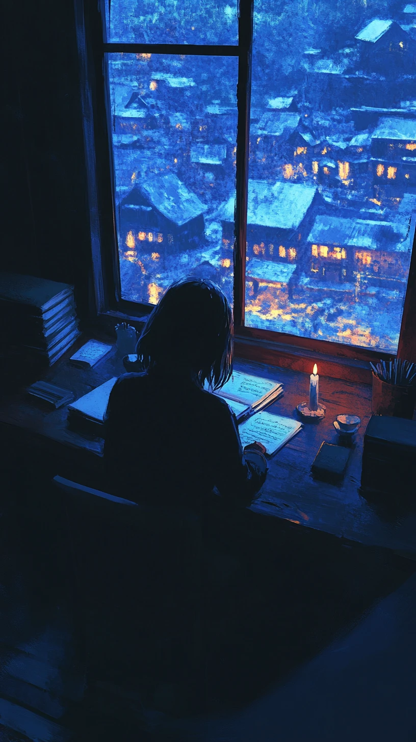 Mujer escribiendo a la luz de las velas en un escritorio de madera junto a la ventana