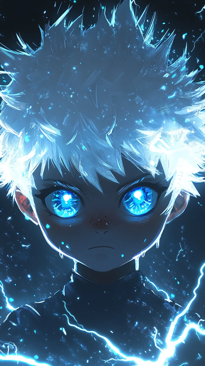 Chibi anime boy with glowing blue lightning eyes portrait