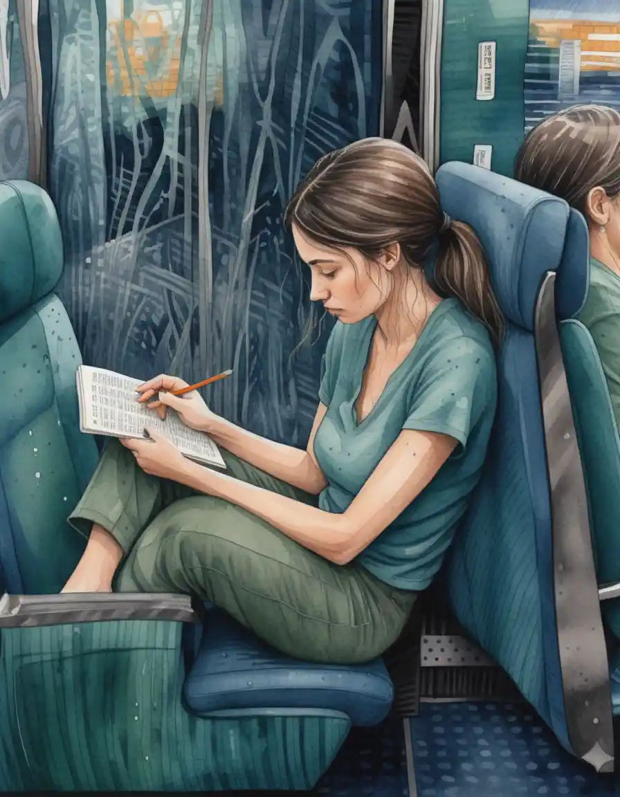 Woman solving sudoku on a quiet night train seat