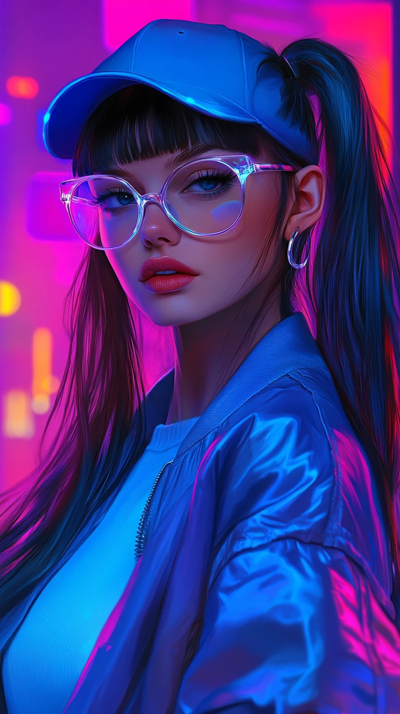 Garota energética em retrato de cidade digital em azul neon