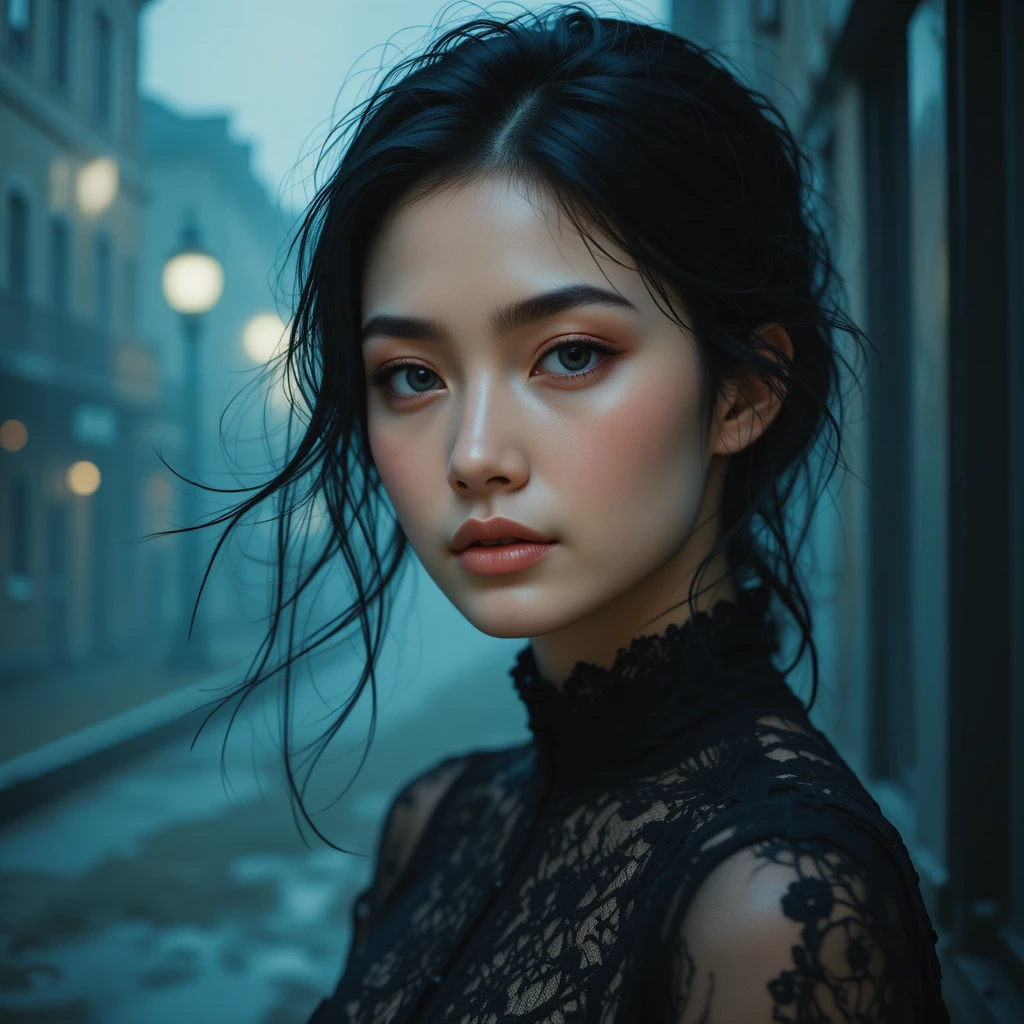 Moody fashion portrait of a woman in black lace